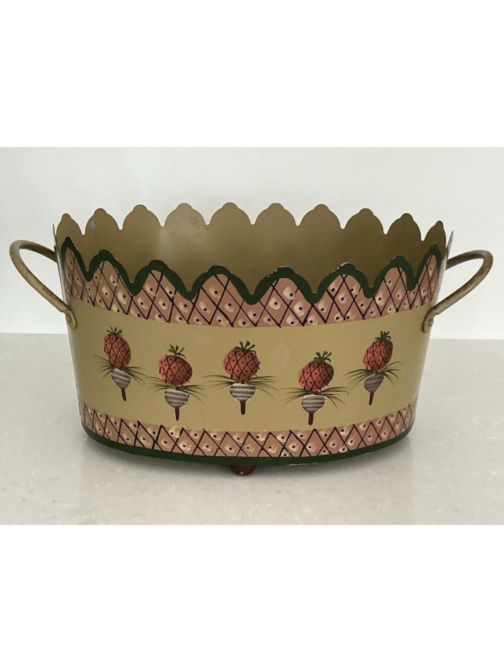Vintage Nanette Vacher Hand Painted Toleware Cachepot Planter Pineapple Motif